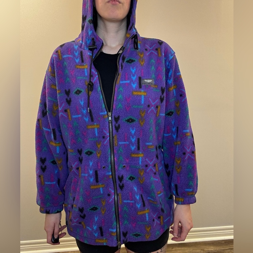 Warm vintage multicoloured pattered zip up with hood size small (oversized fit)